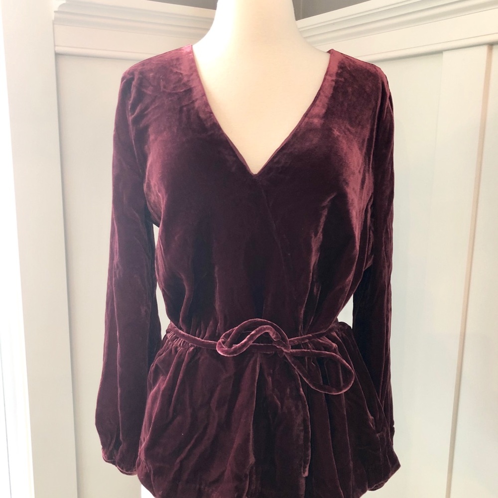 JCrew Faux-Wrap Top in Drapey Velvet Tie Waist - Picture 2 of 8